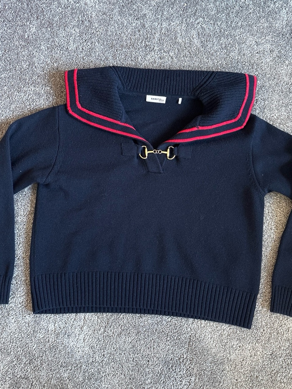 Sandro Navy Sailor-Style Crewneck Sweater with Red Trim